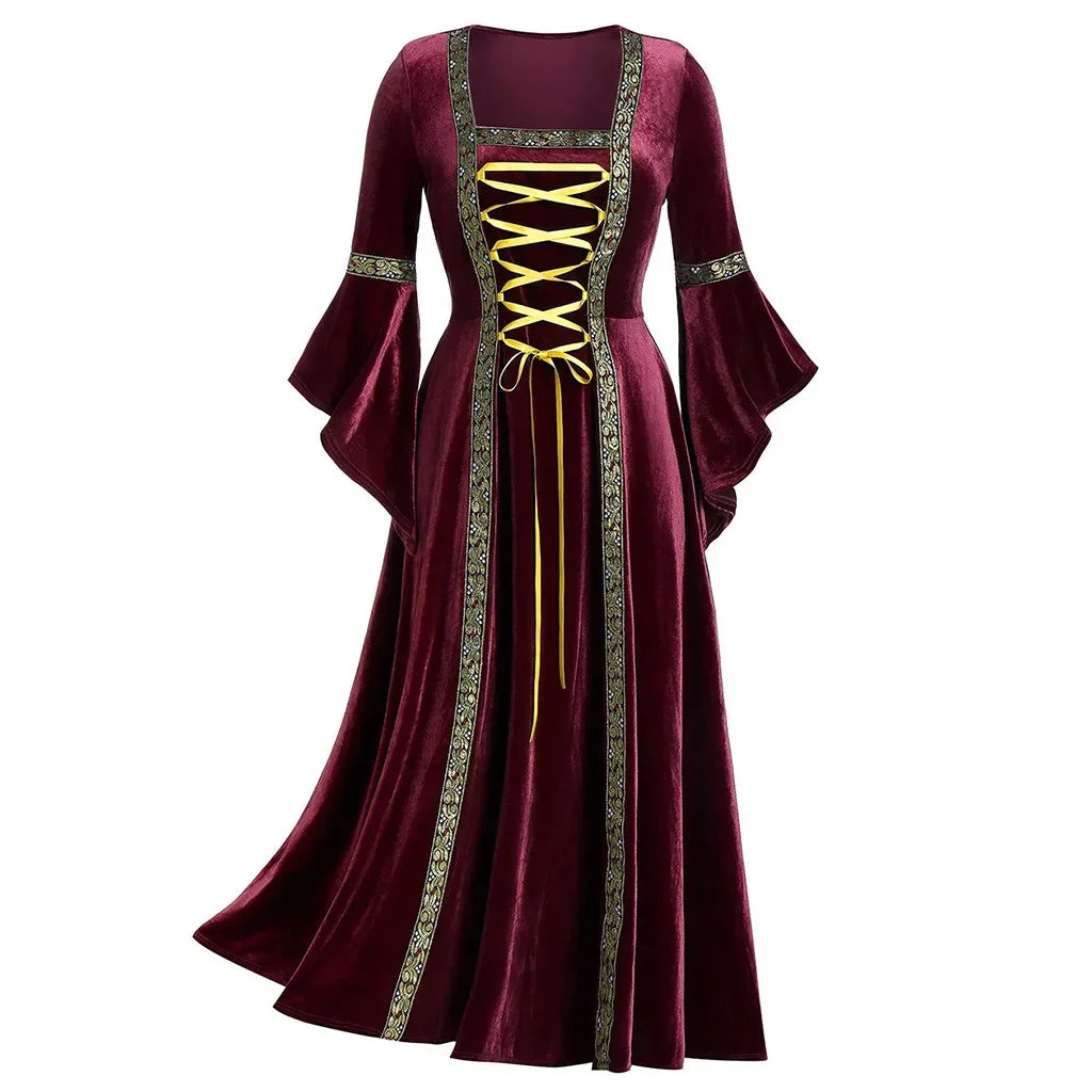 Medieval Gothic Lace-Up Velvet Gown – Long Sleeve Vampire Witch Costume for Women