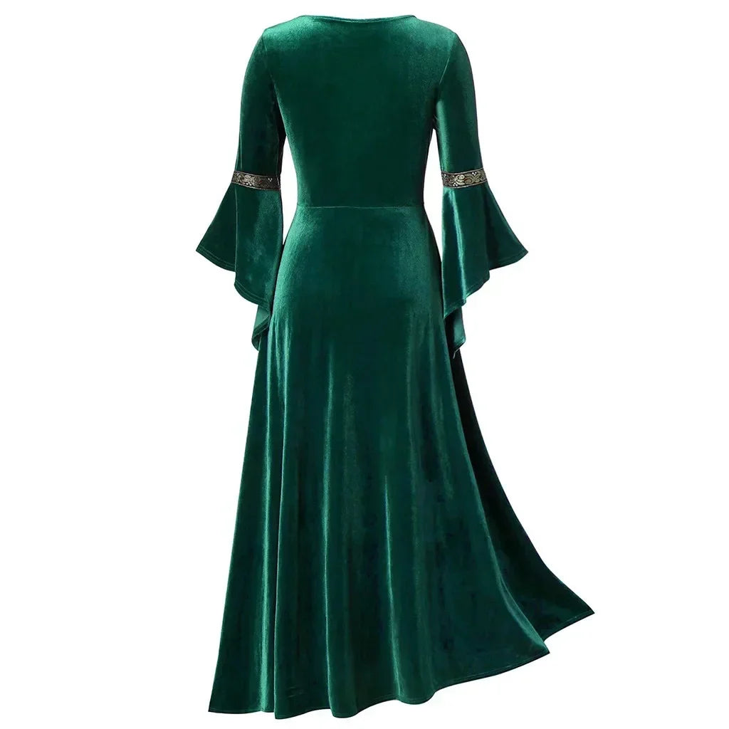 Medieval Gothic Lace-Up Velvet Gown – Long Sleeve Vampire Witch Costume for Women