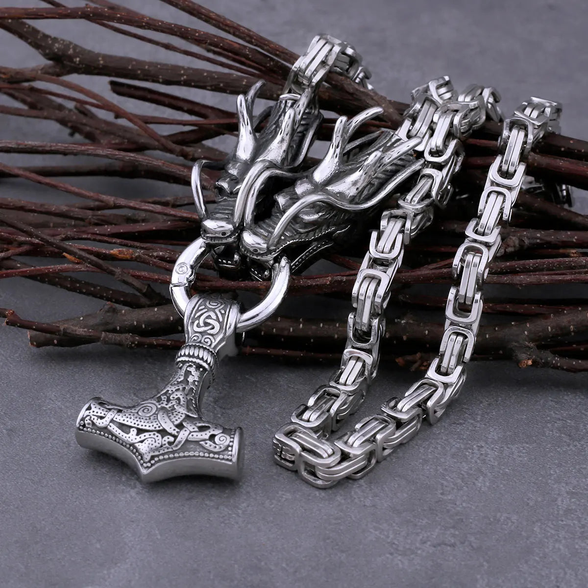 Men's Thor's Hammer Necklace – Dragon Head Mjölnir Pendant in 316L Stainless Steel