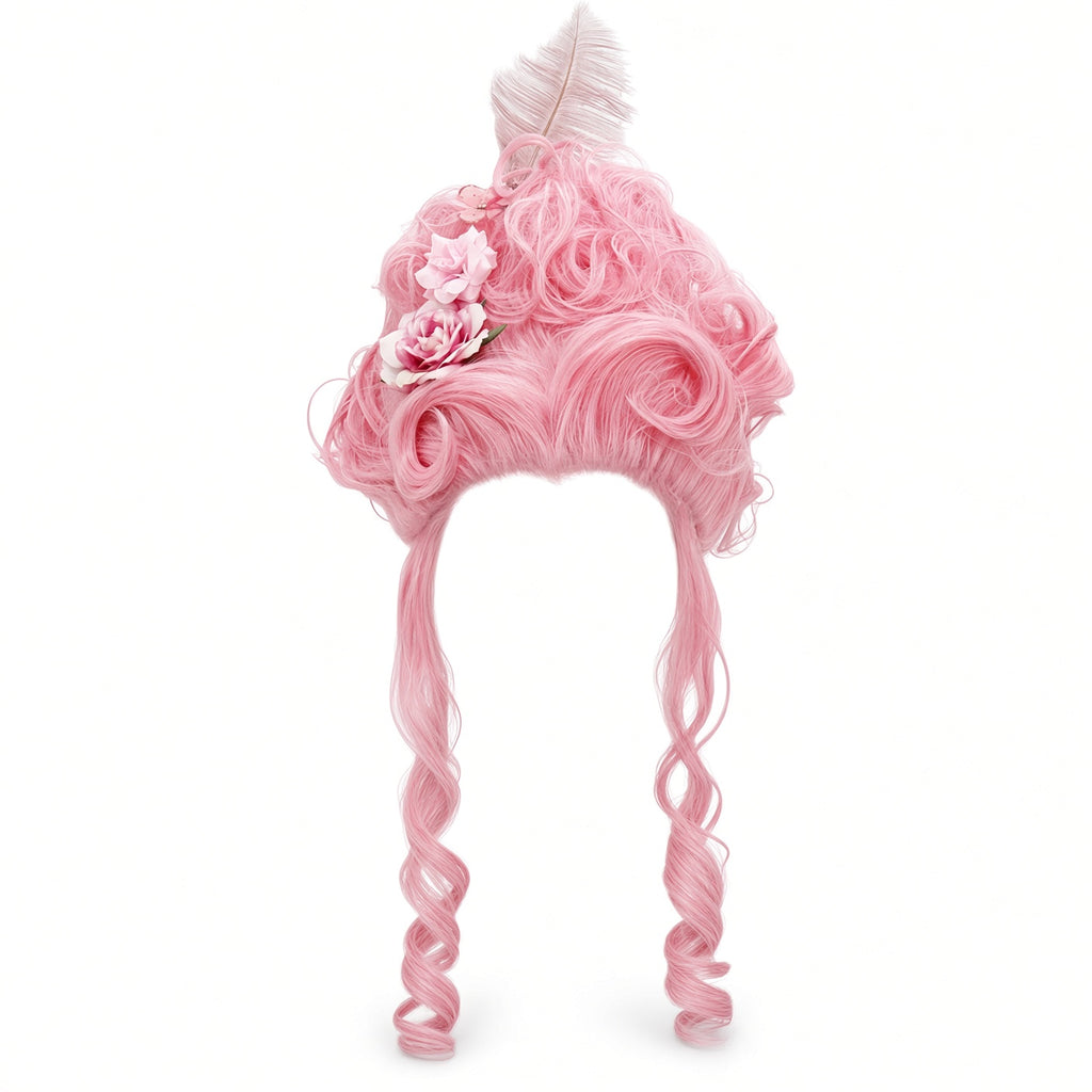 Rococo Queen Costume Wig — Stacked Curls with Flowers & Feathers