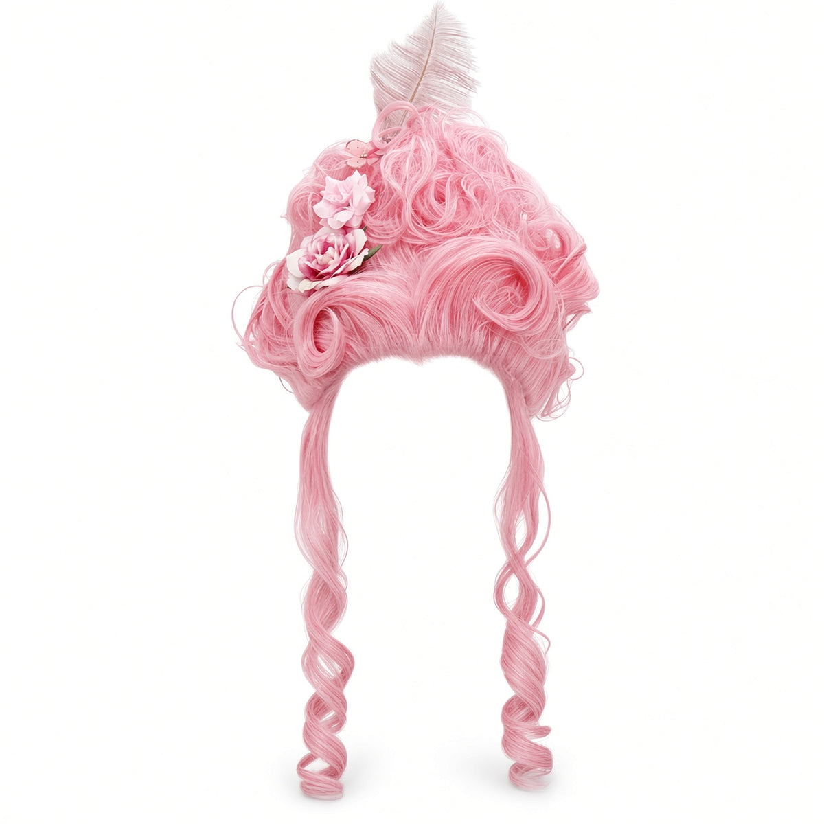 Rococo Queen Costume Wig — Stacked Curls with Flowers & Feathers