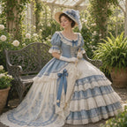 Marie Antoinette Rococo Ball Gown – Blue & White Satin Bustle Dress