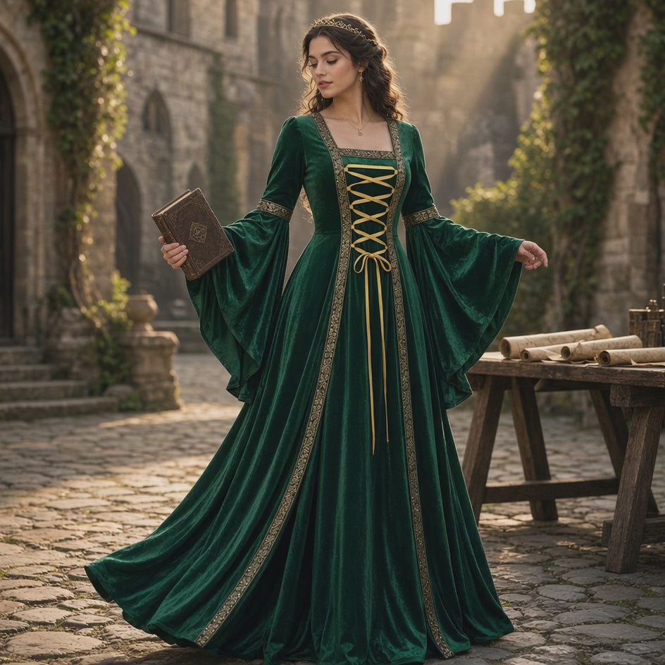 Medieval Gothic Lace-Up Velvet Gown – Long Sleeve Vampire Witch Costume for Women