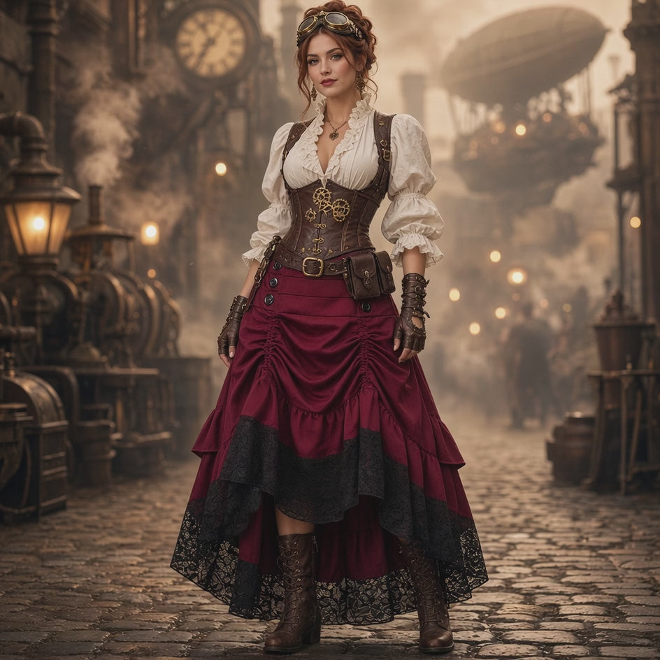 Victorian Steampunk Gothic Lace Skirt – High-Low Ruffle Layer