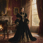 Women's Tudor Renaissance Black Velvet Gown – Gold Lace Medieval Evening Dress for Costume & Formal Events