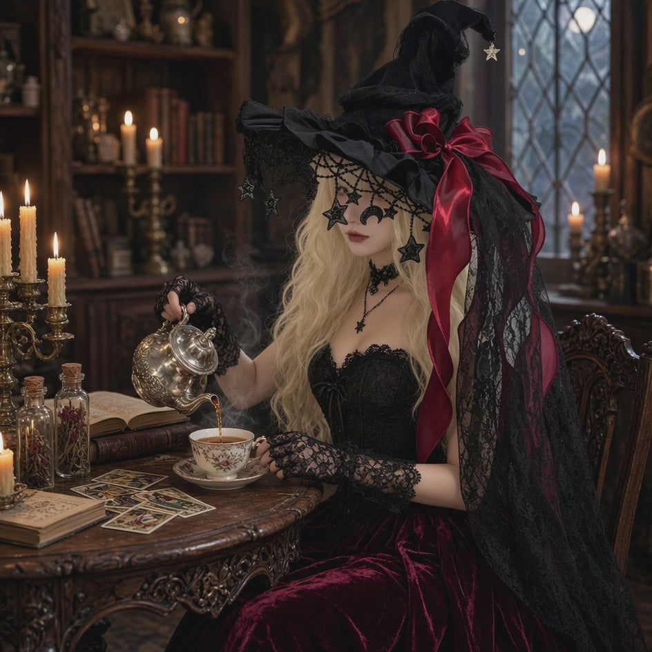 Gothic Lace Witch Hat – Velvet Brim with Lace Trim & Moon Pendant for Halloween & Costume Parties