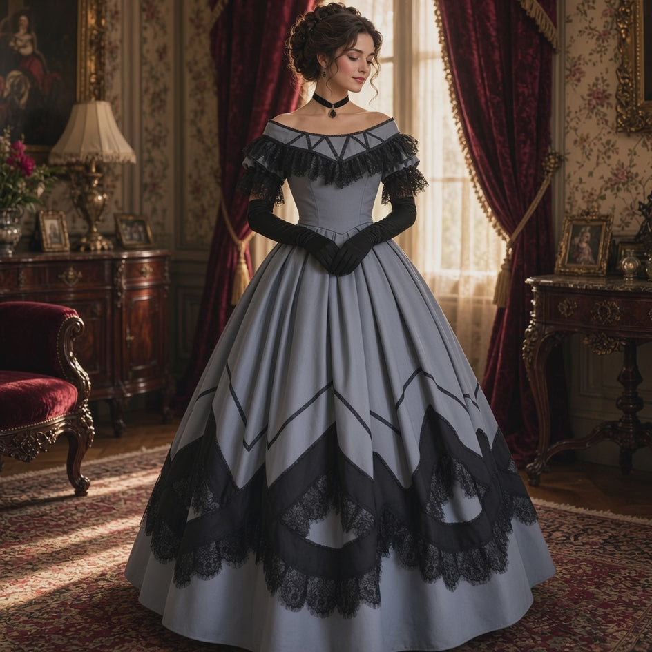 Women’s 1860s Southern Belle Ball Gown — Victorian Civil War Gothic Lace Dress